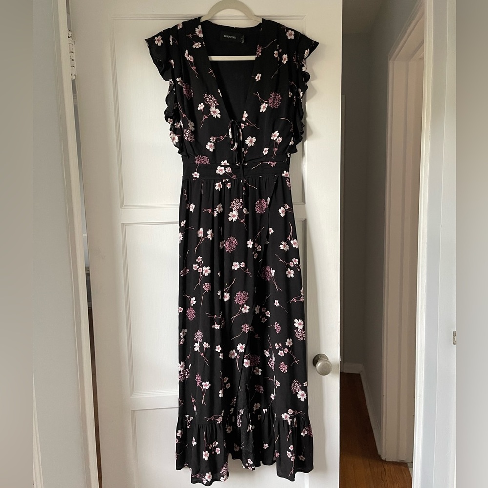 MINKPINK black and pink flower midi dress - size medium